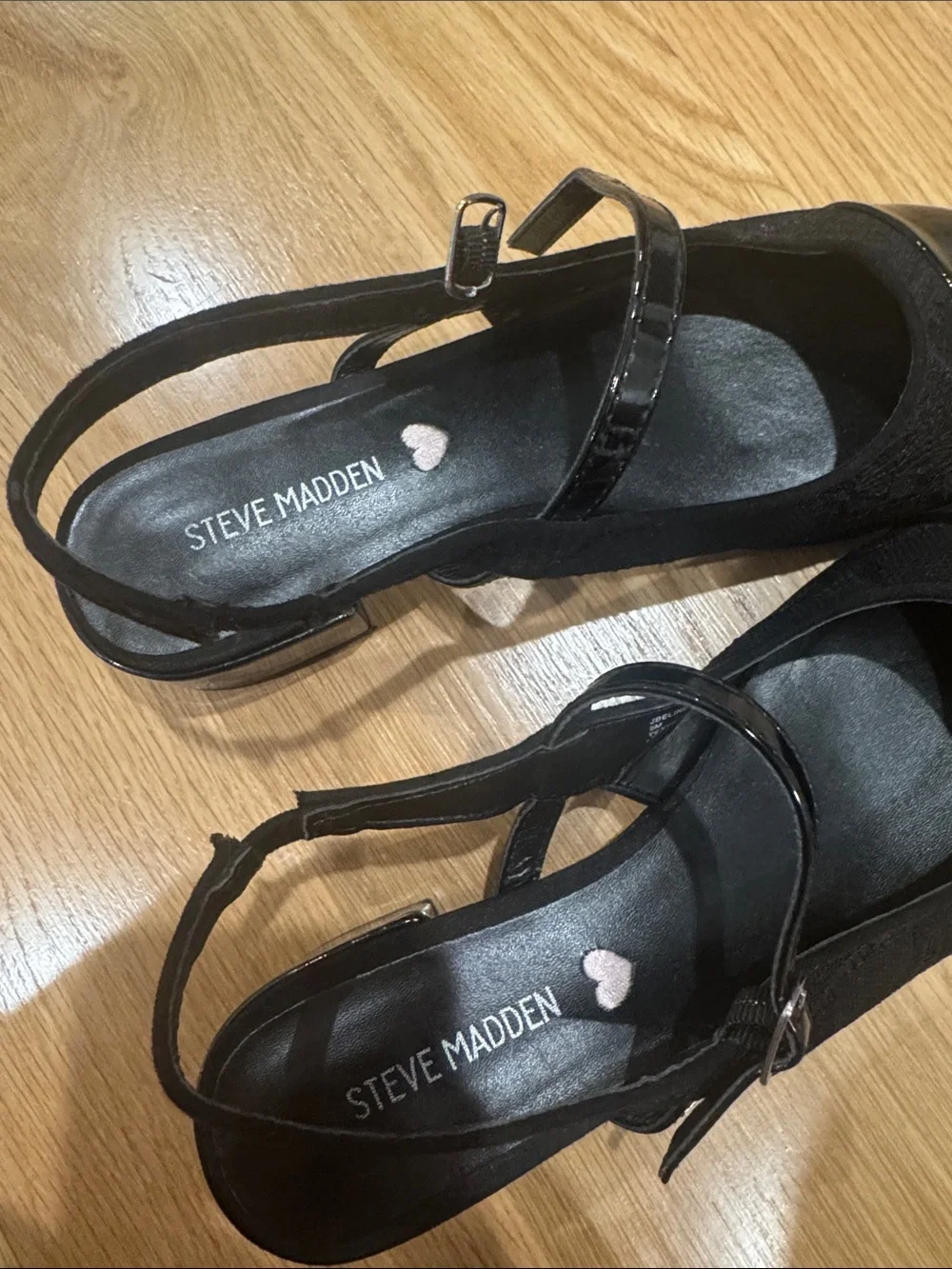 Steve Madden Black Slingback Flats with Patent Toe and Mary Jane Strap